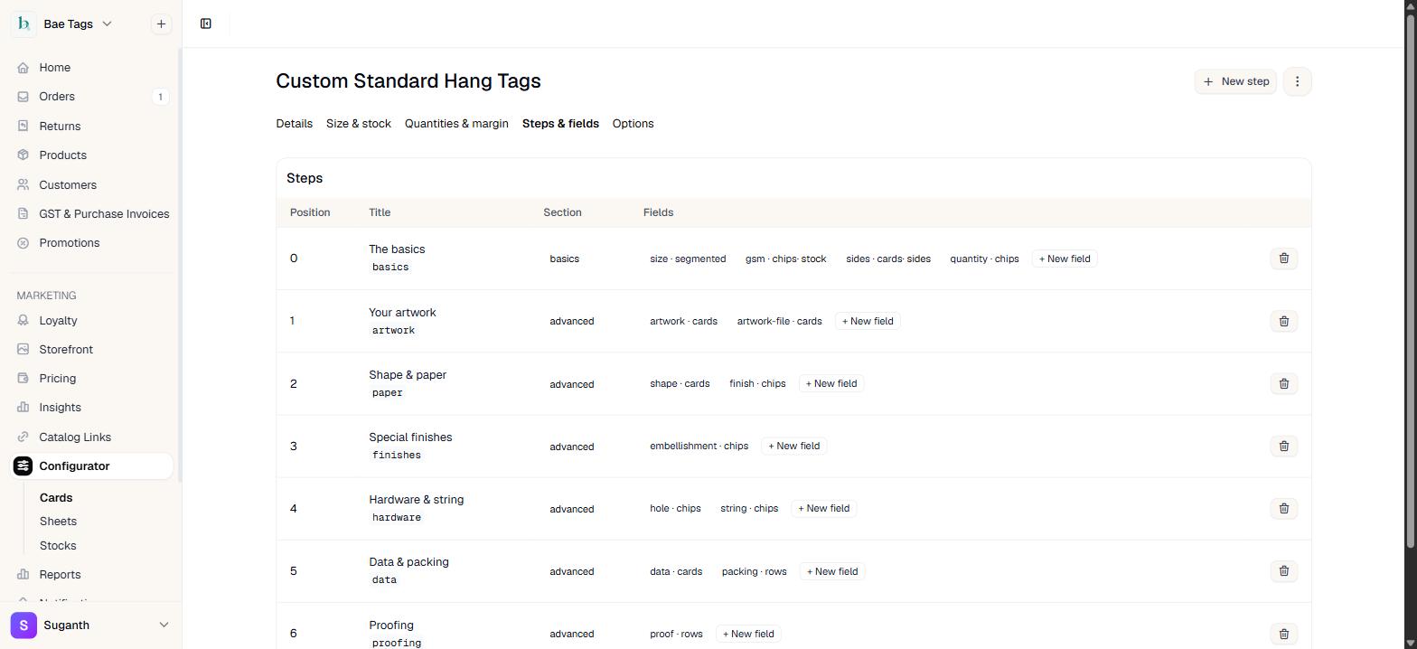 Admin configurator showing steps and fields for a tag type
