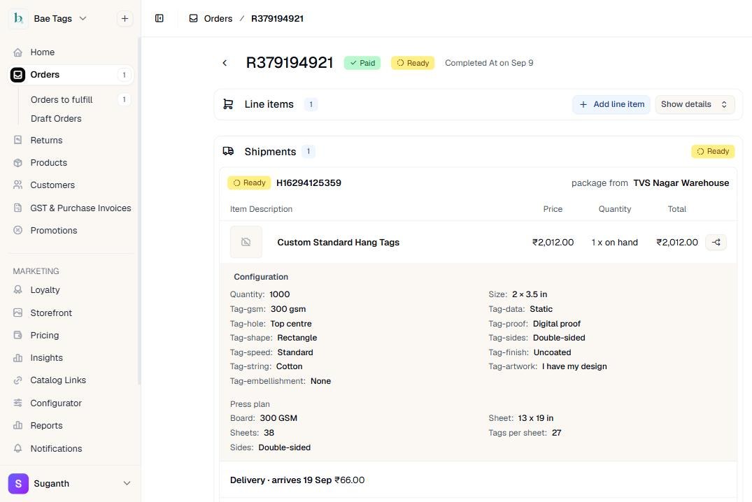 Admin order showing the tag configuration and press plan