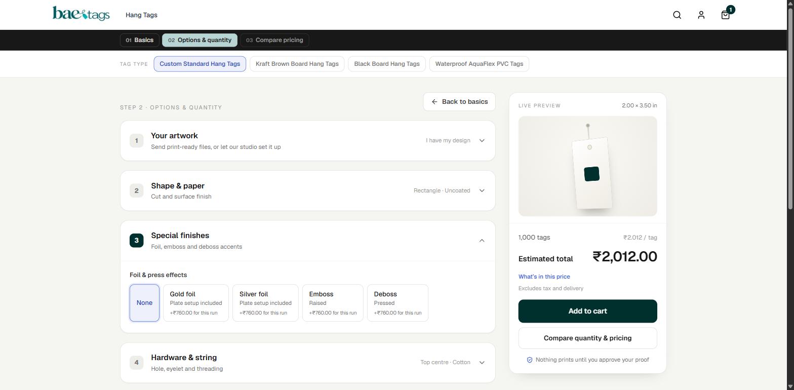 Step two of the tag builder with finishes and press effects