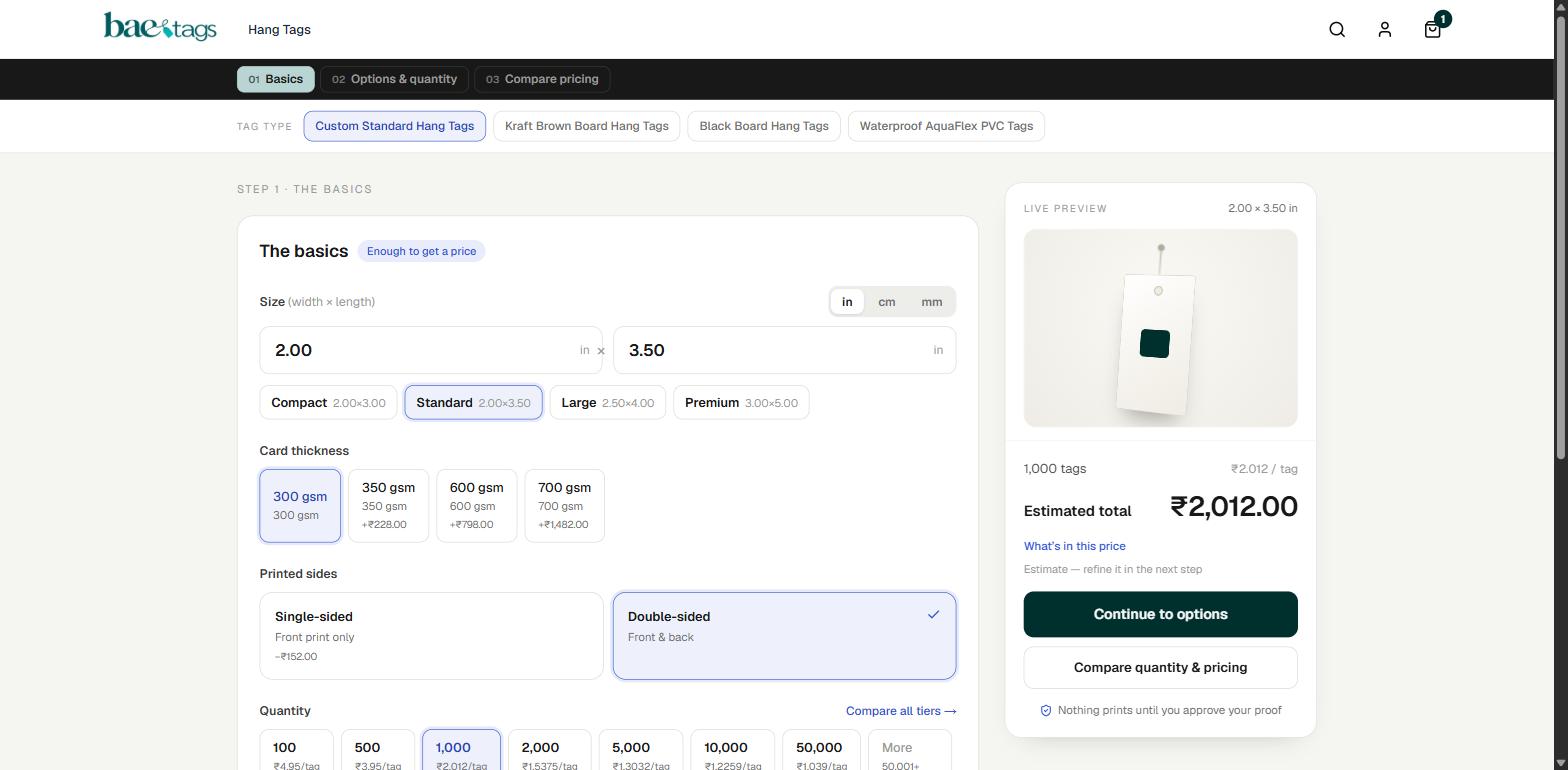 Step one of the tag builder with live preview and price